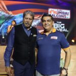 Mr Kapil Dev and Mr Ameet Gadhoke launch the jersey of SoBo Mumbai Falcons for the T20 Mumbai League 2025.