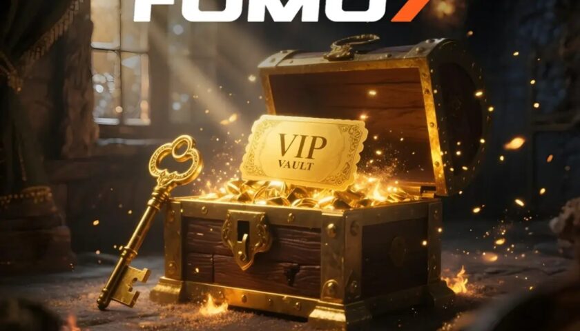 Golden treasure chest labeled VIP Vault overflowing with gold coins and a key, with FOMO7 logo above in a mystical vault setting