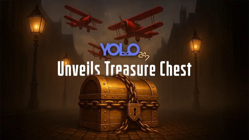 Mysterious golden chest with lock and chain under misty light, red planes above, YOLO247 logo teasing a big surprise