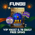 Fun88 VIP Vault with JILI Slot Spins, Operation Aviator, and 78,000 rewards against a festive Indian Independence Day theme